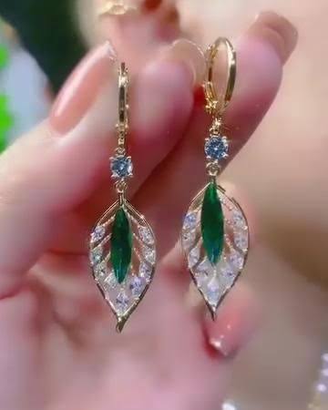 Leaf-Shaped Green & Crystal Earrings