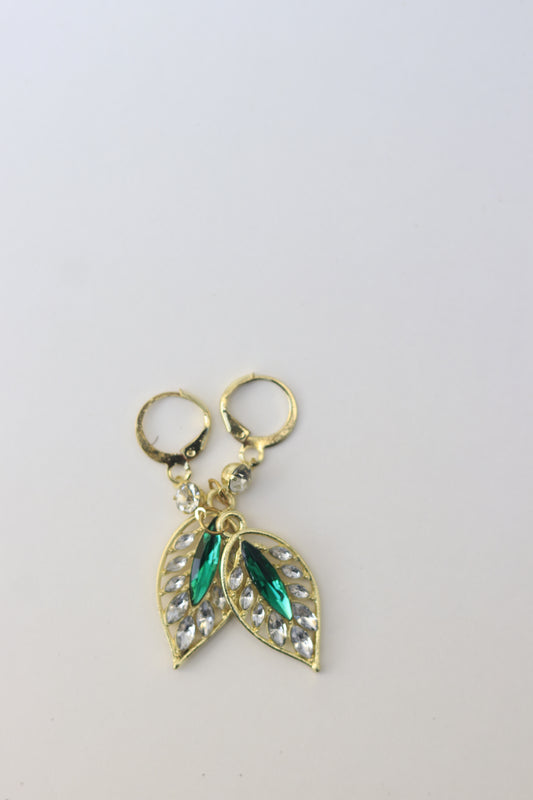 Leaf-Shaped Green & Crystal Earrings