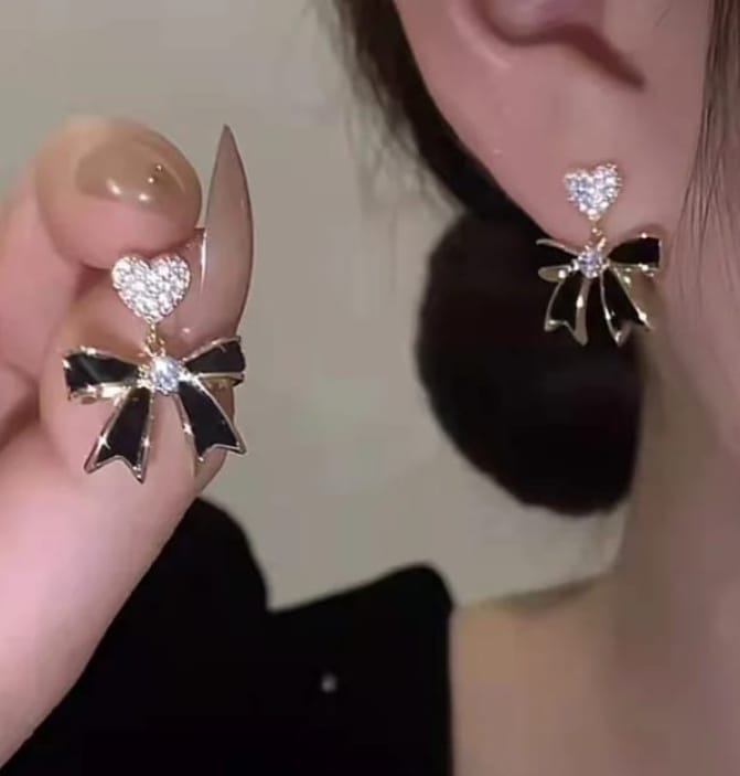 Black Bow Heart Earrings