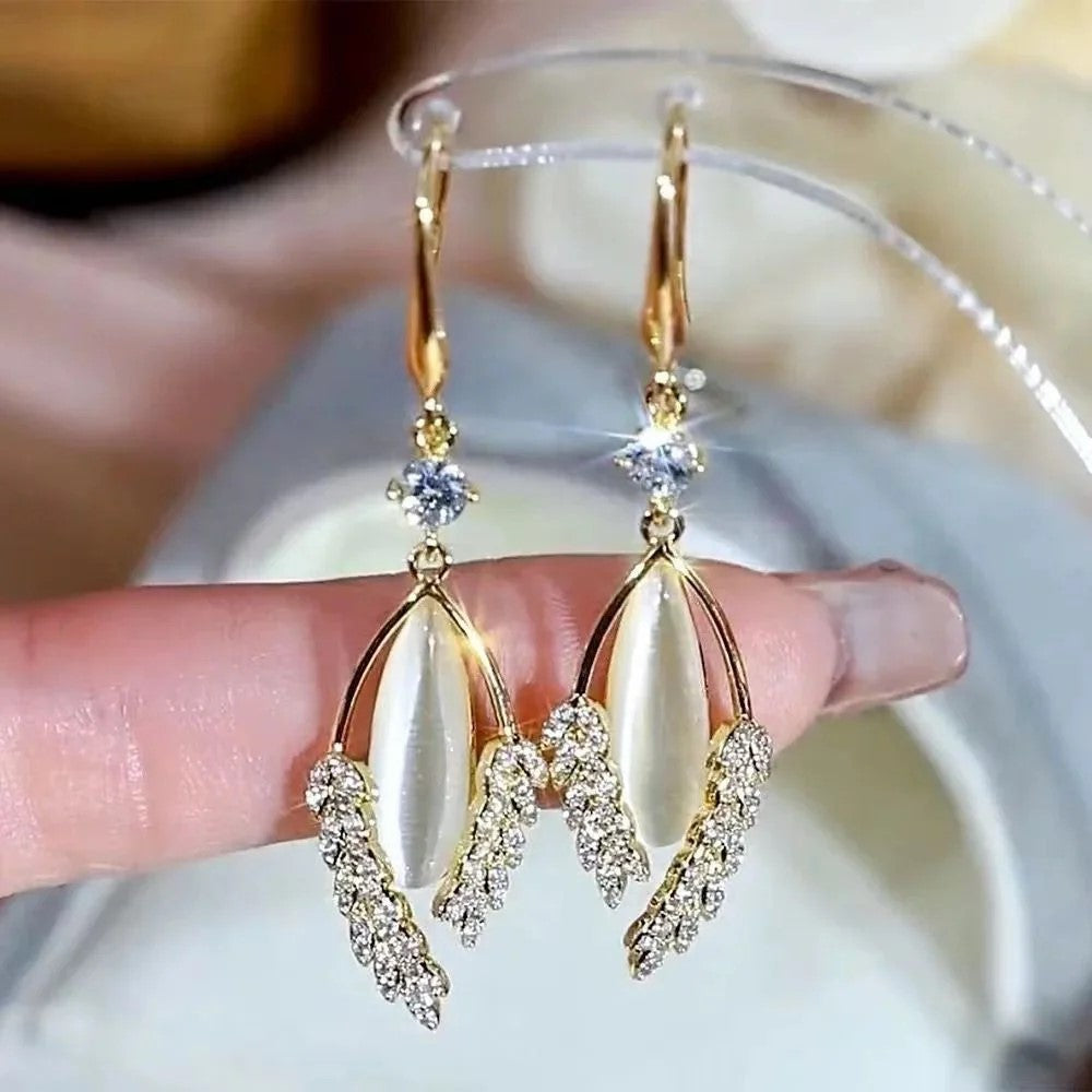 Gold Leaf Crystal Drop Earrings