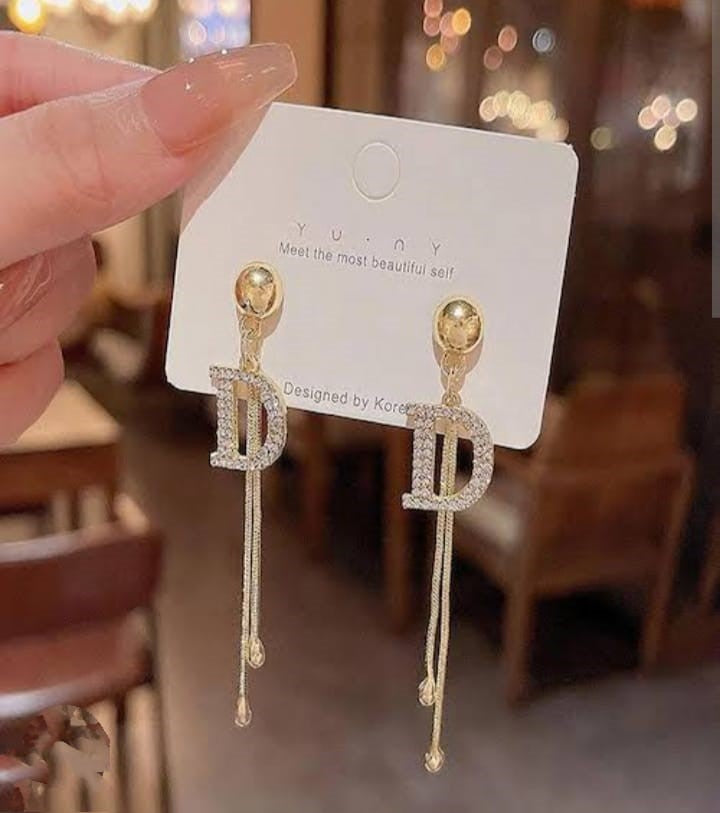 Gold-Plated Crystal Letter “D” Drop Earrings.
