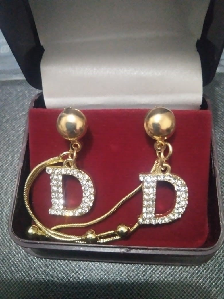 Gold-Plated Crystal Letter “D” Drop Earrings.