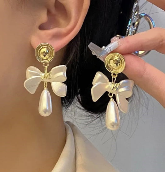 Pearl Bow Drop Earrings