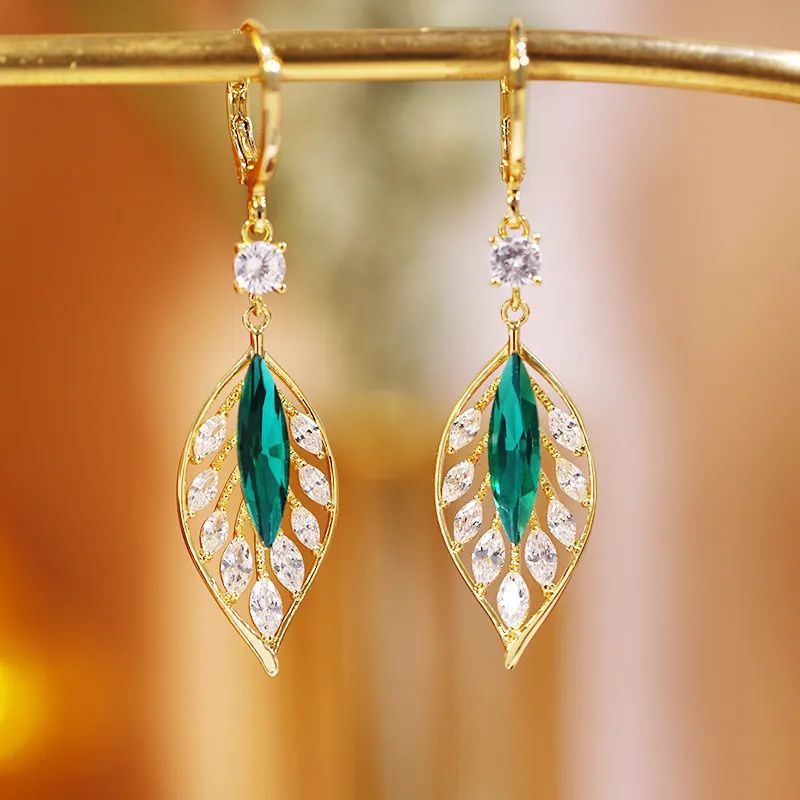 Leaf-Shaped Green & Crystal Earrings