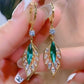 Leaf-Shaped Green & Crystal Earrings