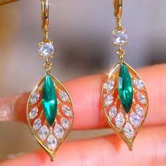 Leaf-Shaped Green & Crystal Earrings