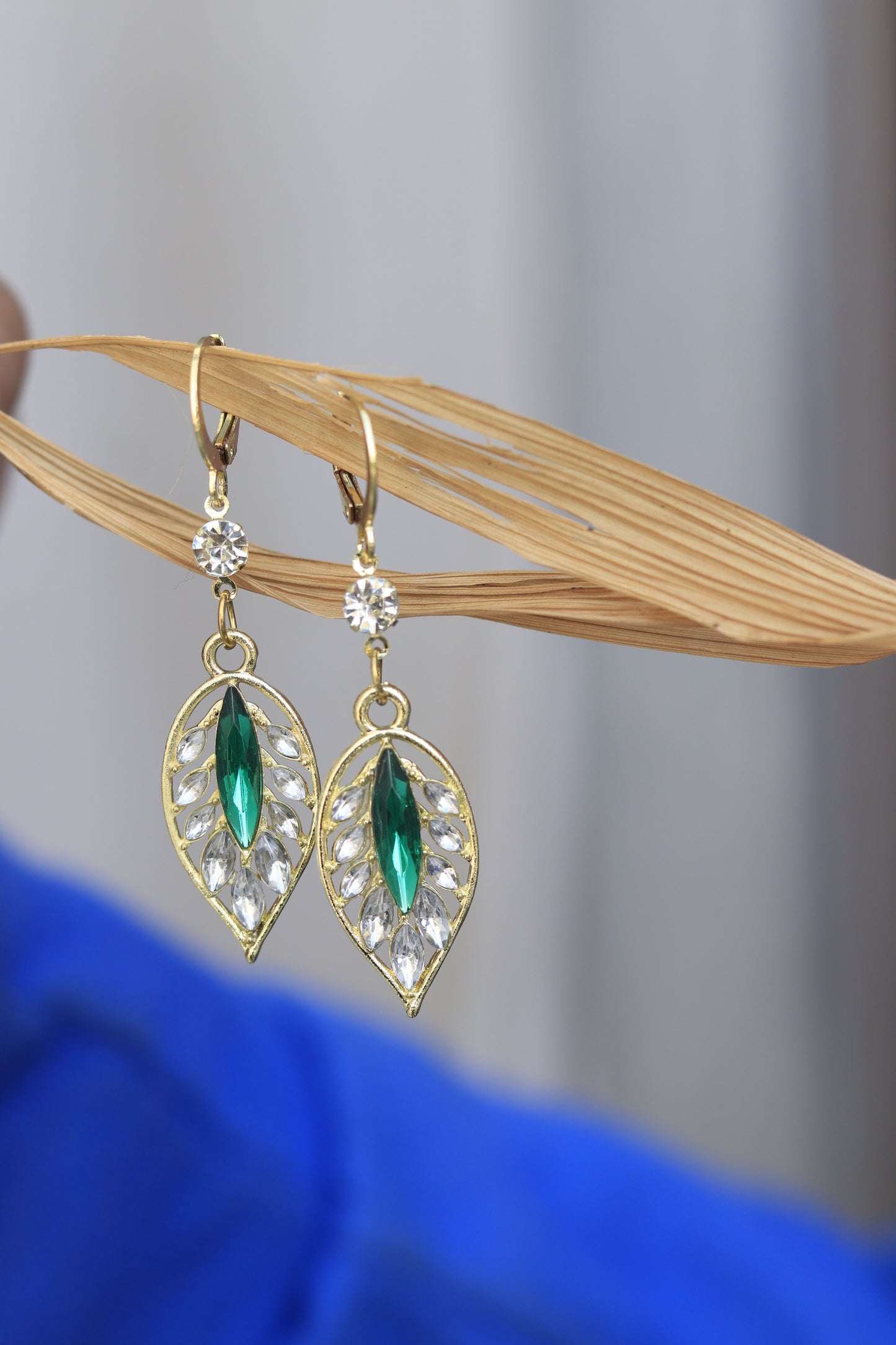 Leaf-Shaped Green & Crystal Earrings