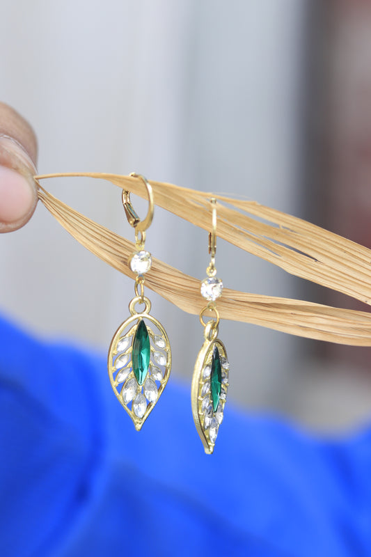 Leaf-Shaped Green & Crystal Earrings