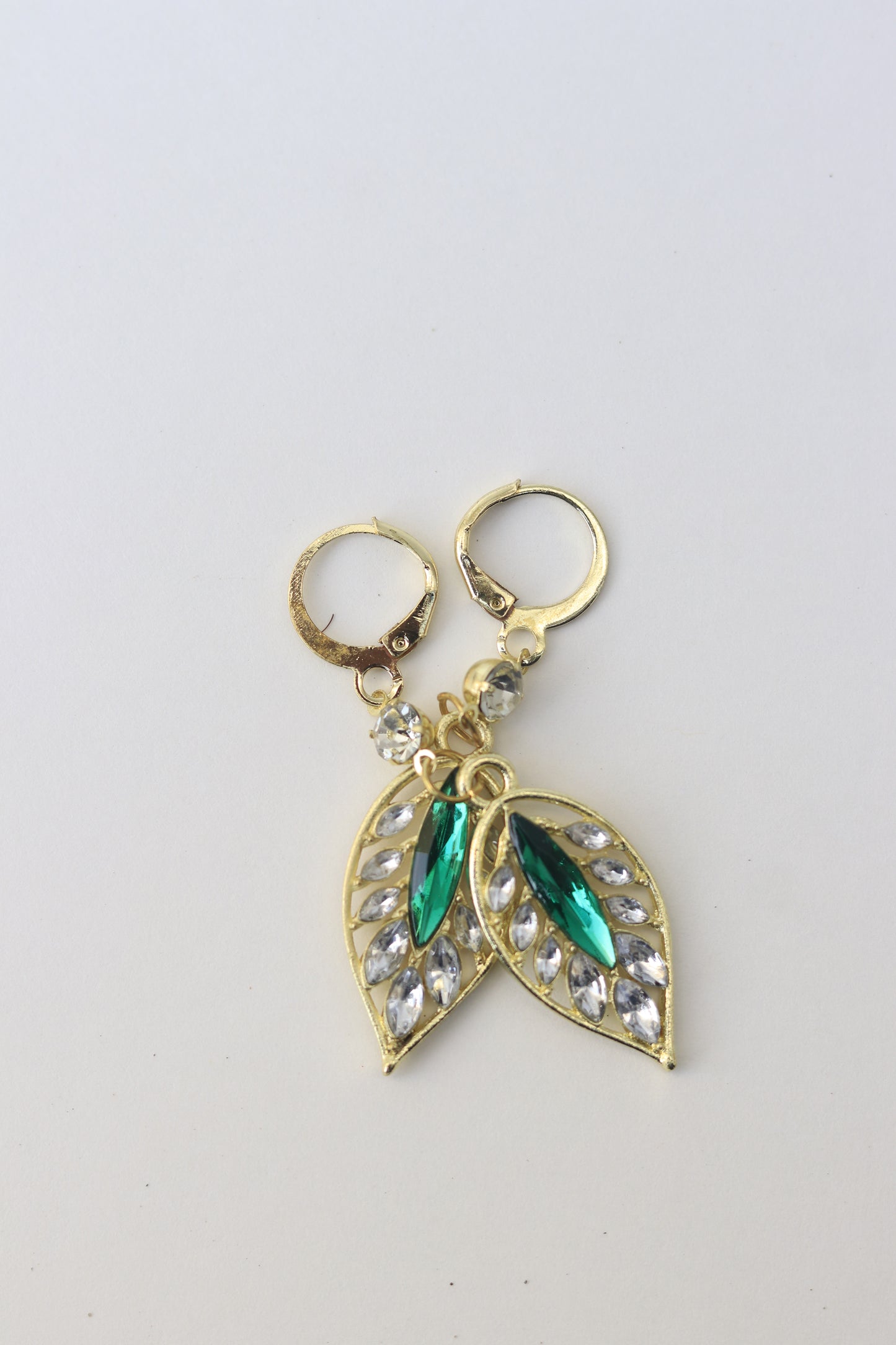 Leaf-Shaped Green & Crystal Earrings
