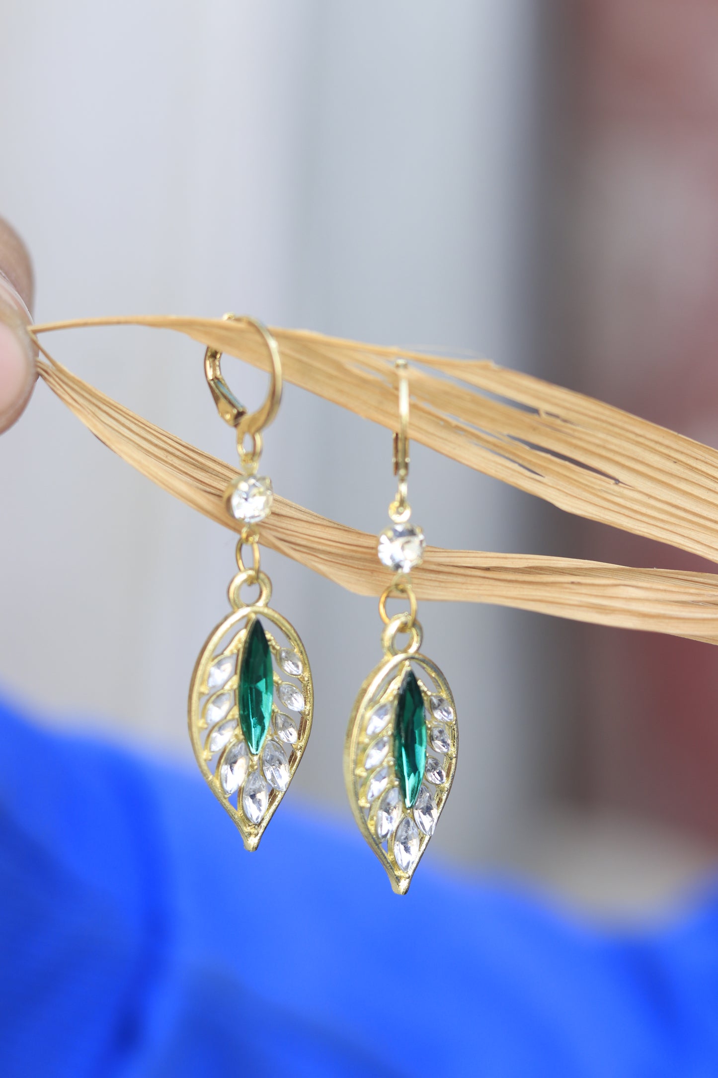 Leaf-Shaped Green & Crystal Earrings